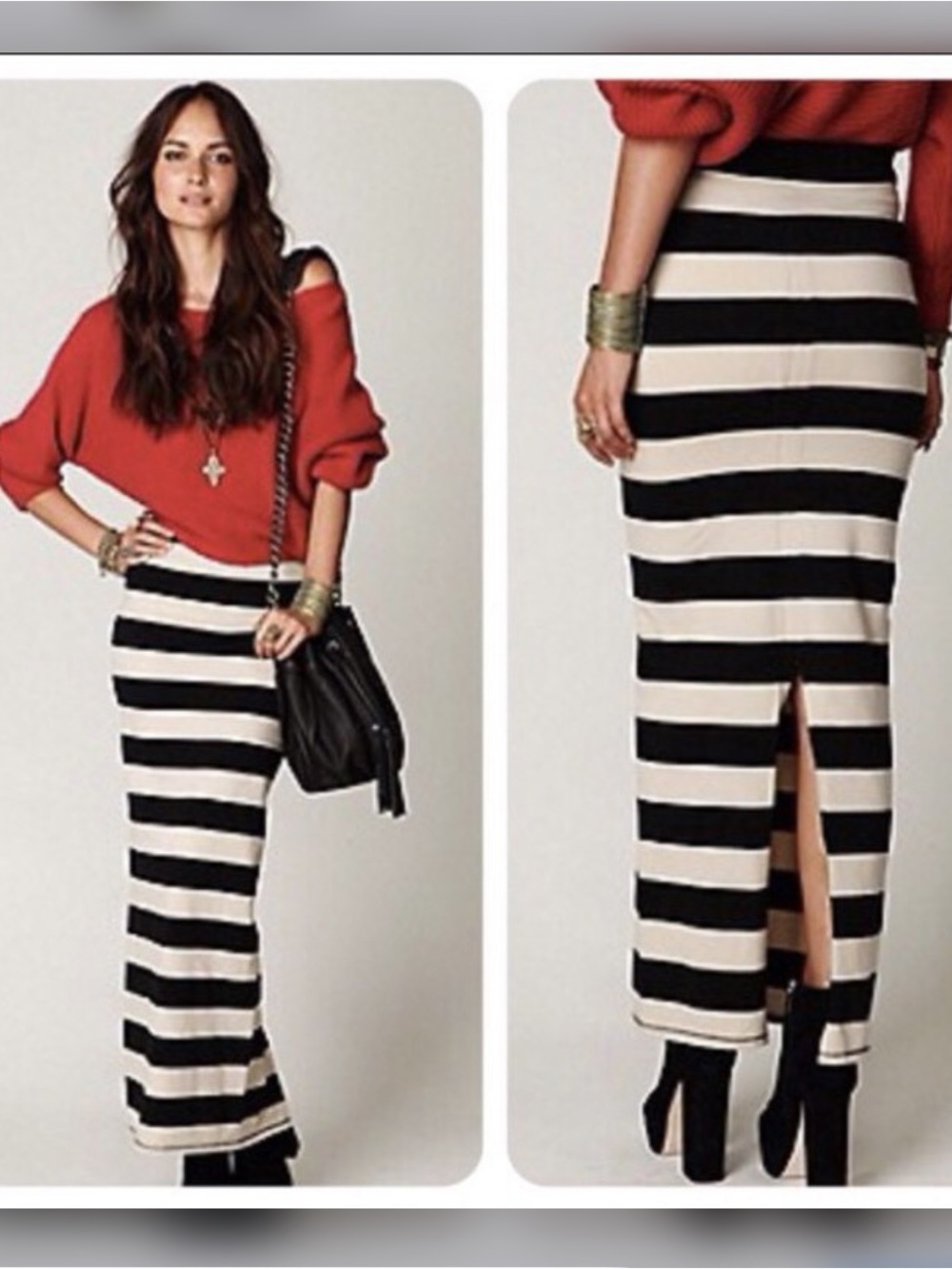 Free People Black and Cream Striped Maxi Skirt with Back Slit